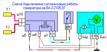 Схема индекации работы генератора на ВАЗ-2105,07.